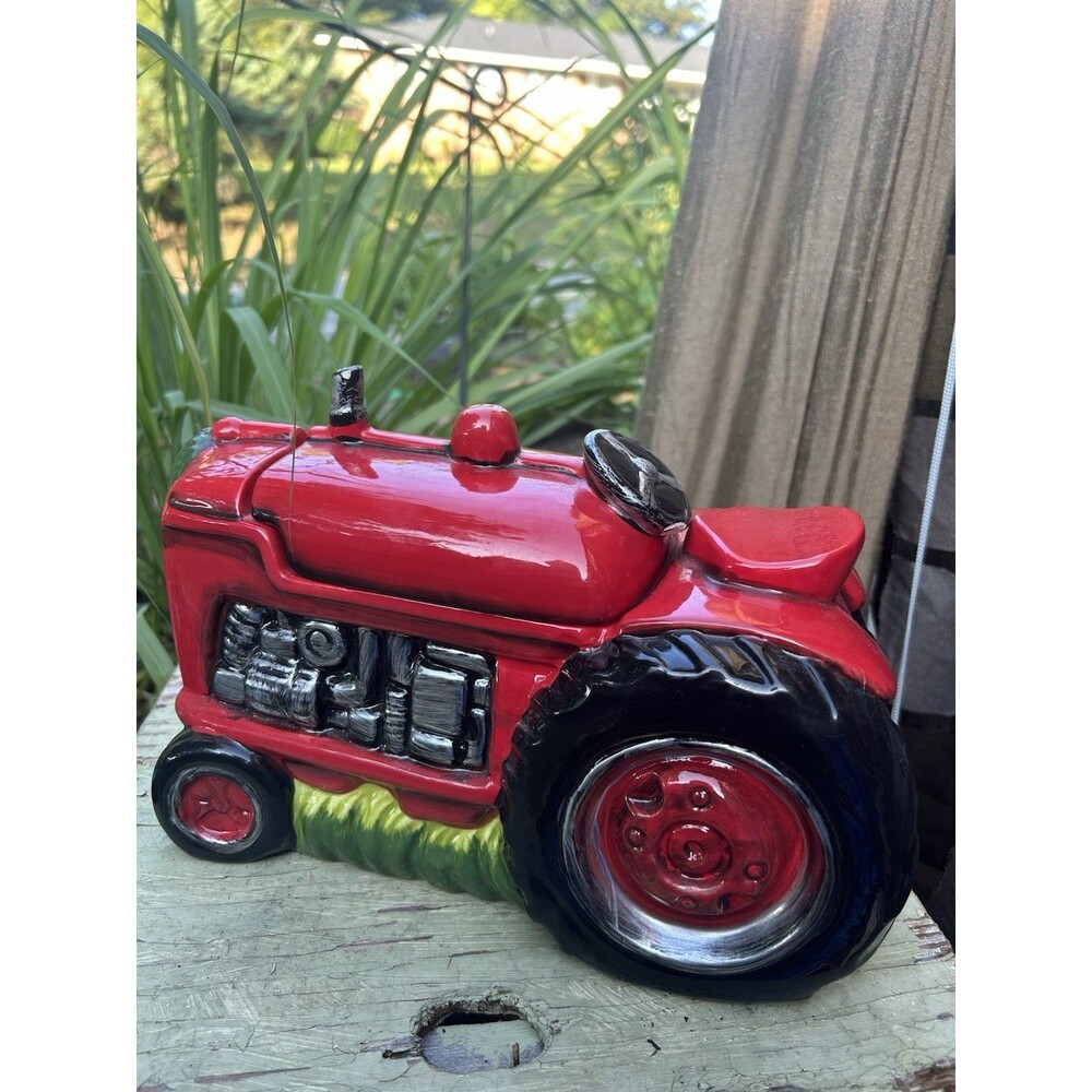 Bella Bug Bright Red Farm Tractor Christmas Ceramic Cookie Jar w/ Lid